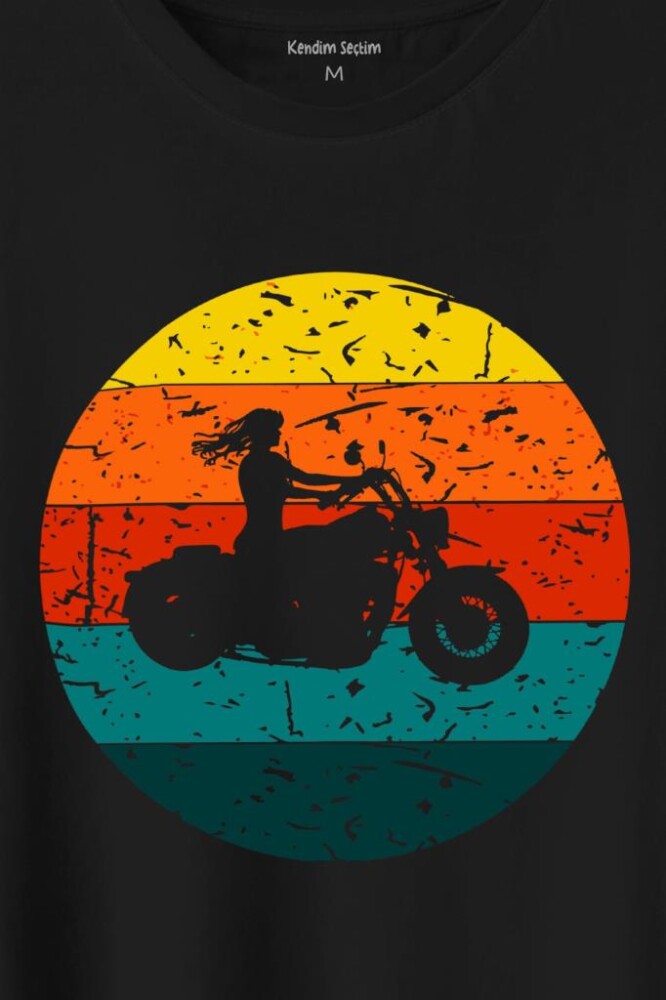 Motorcycle Vintage Woman Silhouette Retro Baskılı Tişört Unisex T-Shirt - 2