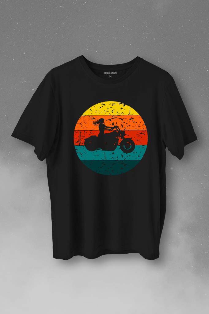 Motorcycle Vintage Woman Silhouette Retro Baskılı Tişört Unisex T-Shirt - 1