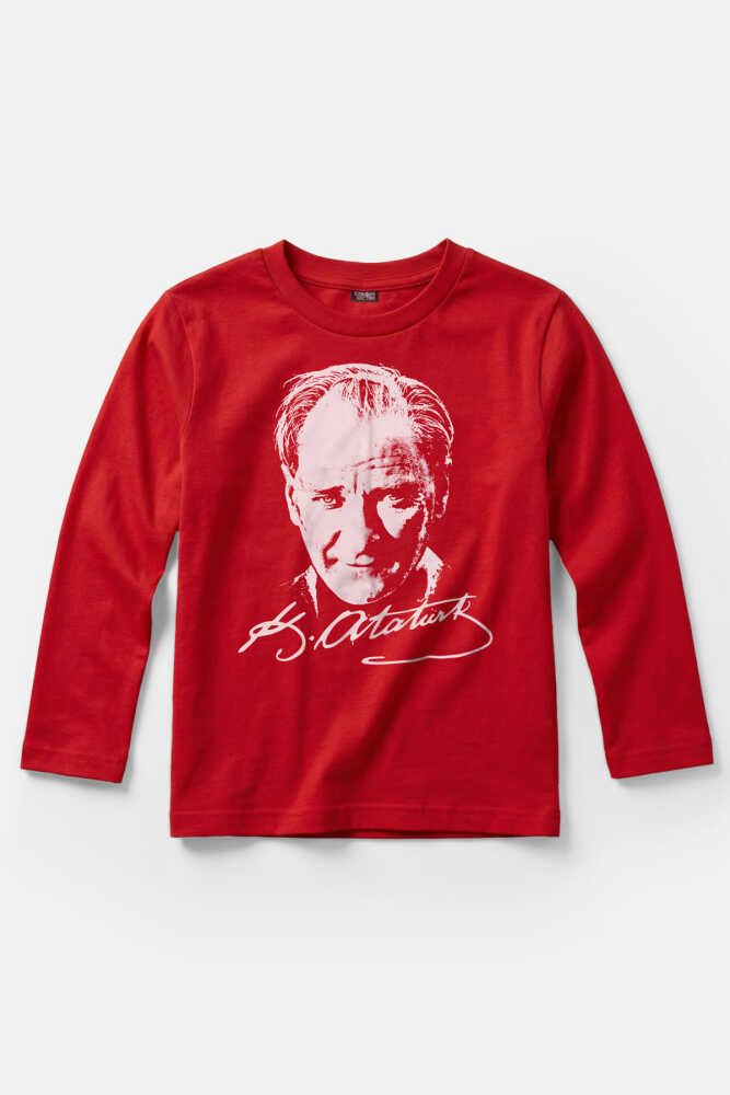 Mustafa Kemal Atatürk Baskılı 23 Nisan Uzun Kollu Kırmızı Çocuk Tişört - 1
