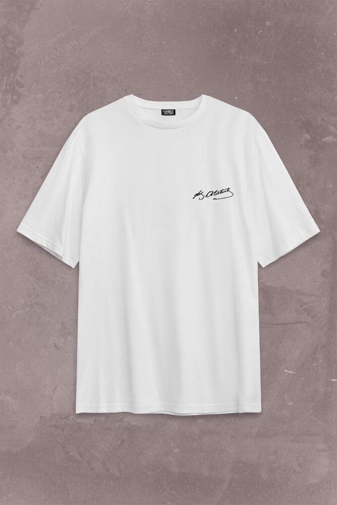 Oversize Beyaz Tişört Mustafa Kemal Atatürk İmzası İmza 10 Kasım Sırt Ön Baskılı Unisex T-Shirt - 1