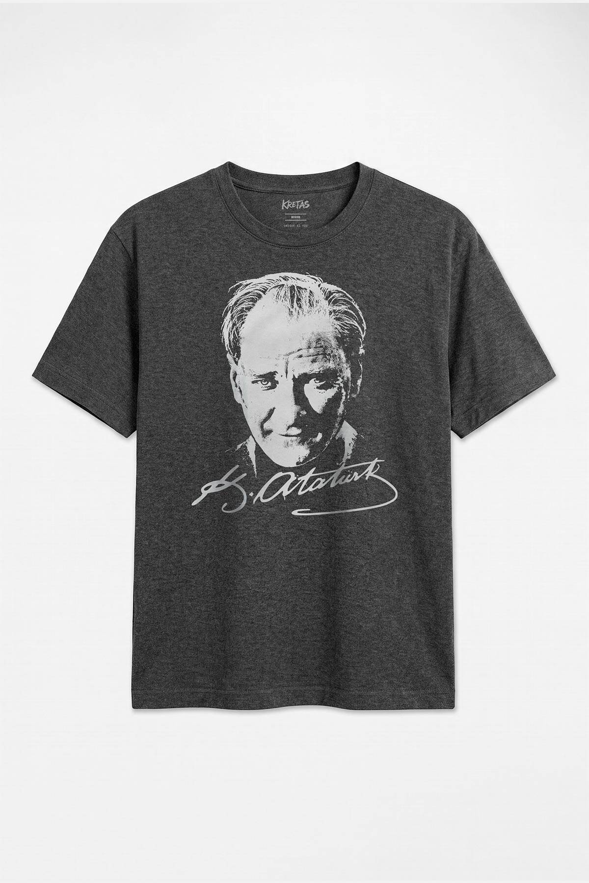 Mustafa Kemal Atatürk Portre Unisex Regular 29 Ekim 19 Mayıs Cumhuriyet Antrasit Melanj Tişört