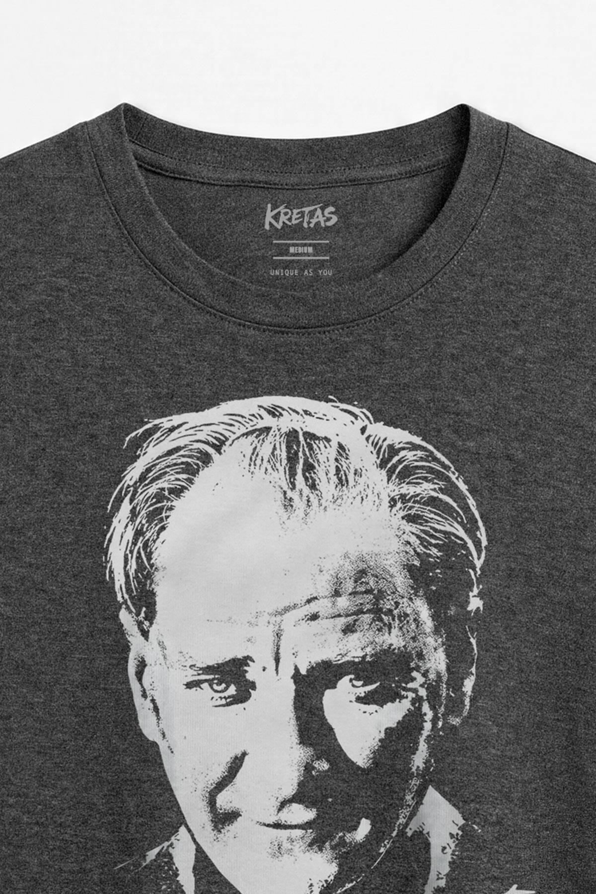 Mustafa Kemal Atatürk Portre Unisex Regular 29 Ekim 19 Mayıs Cumhuriyet Antrasit Melanj Tişört (1)