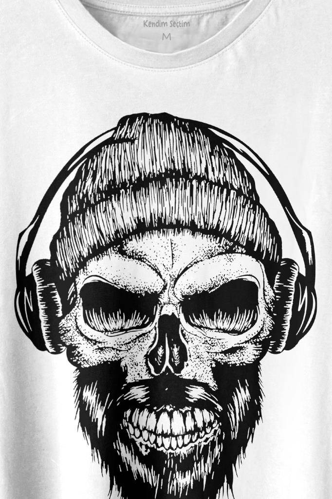 Müzik Dinleyen Bereli Kuru Kafa Kulaklık Bere Skull Listen Music Baskılı Tişört Unisex T-shirt (1)