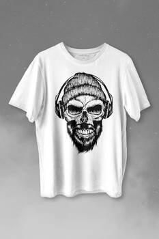Müzik Dinleyen Bereli Kuru Kafa Kulaklık Bere Skull Listen Music Baskılı Tişört Unisex T-shirt - 1