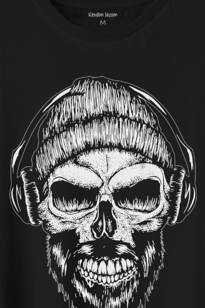 Müzik Dinleyen Bereli Kuru Kafa Kulaklık Bere Skull Listen Music Baskılı Tişört Unisex T-Shirt (1)