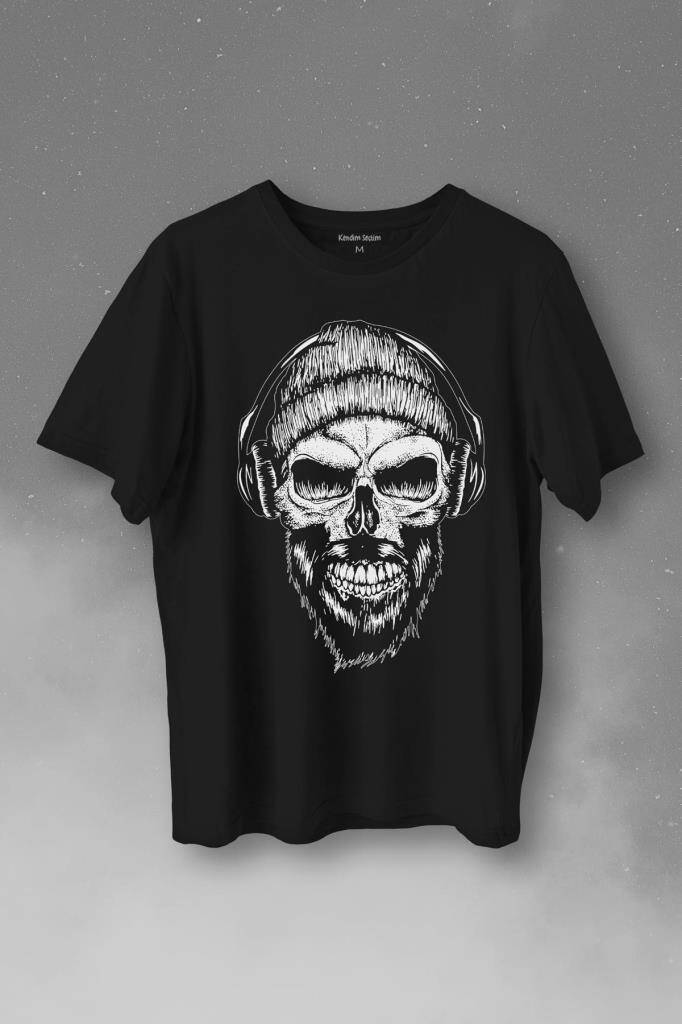 Müzik Dinleyen Bereli Kuru Kafa Kulaklık Bere Skull Listen Music Baskılı Tişört Unisex T-Shirt - 1