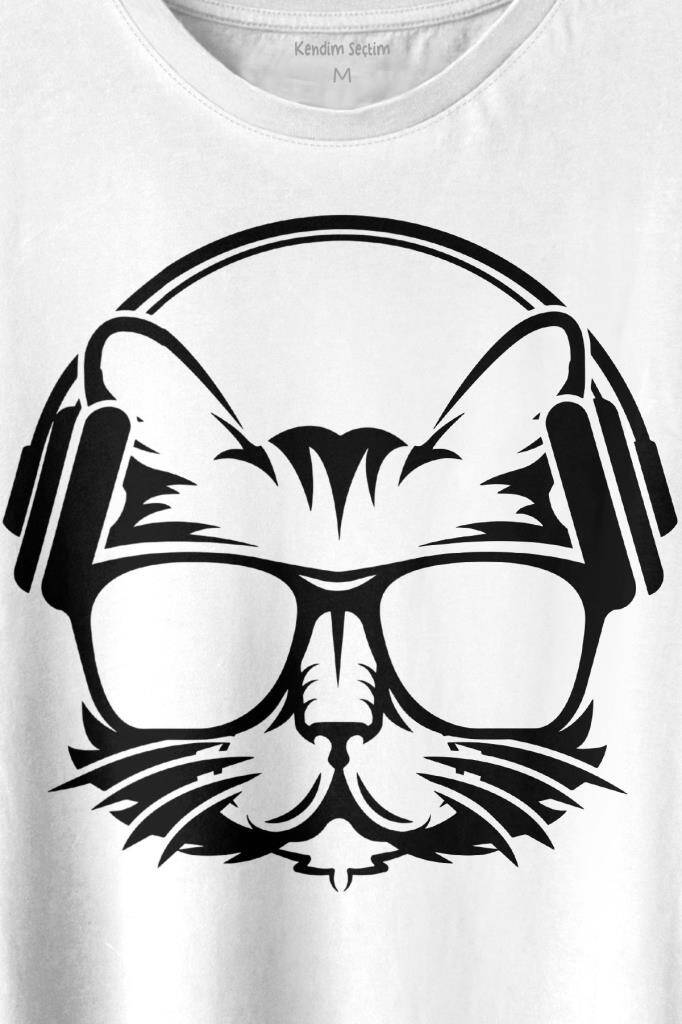 Müzik Dinleyen Kulaklık Kedi Cat Music Baskılı Tişört Unisex T-shirt (1)