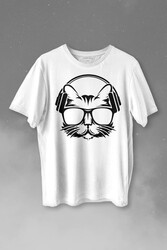 Müzik Dinleyen Kulaklık Kedi Cat Music Baskılı Tişört Unisex T-shirt - 1
