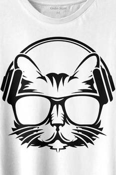 Müzik Dinleyen Kulaklık Kedi Cat Music Baskılı Tişört Unisex T-shirt - 2