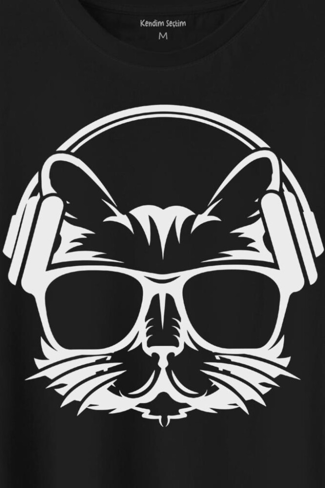 Müzik Dinleyen Kulaklık Kedi Cat Music Baskılı Tişört Unisex T-Shirt (1)