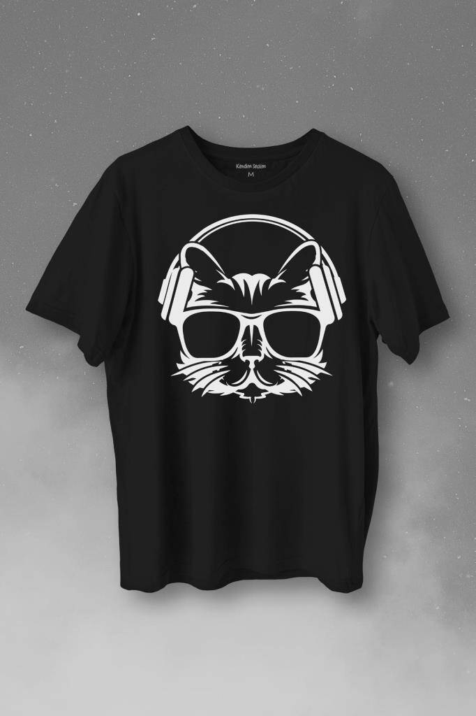 Müzik Dinleyen Kulaklık Kedi Cat Music Baskılı Tişört Unisex T-Shirt - 1