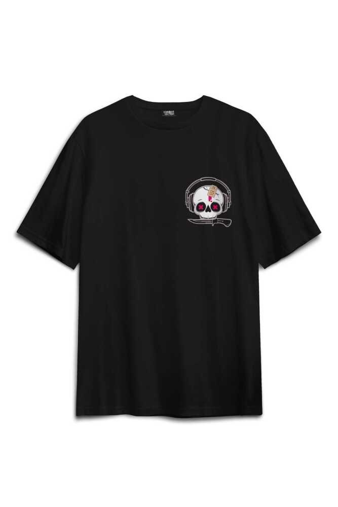 Müzik Dinleyen Kuru Kafa Kulaklık Bıçak Bandı Skull Sırt Ön Baskılı Oversize Tişört Unisex T-Shirt - 2