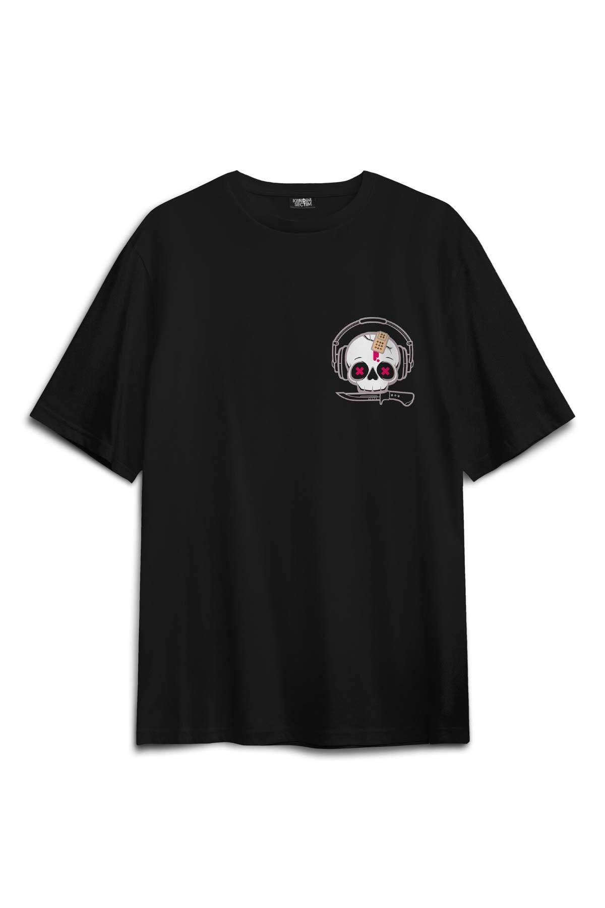 Müzik Dinleyen Kuru Kafa Kulaklık Bıçak Bandı Skull Sırt Ön Baskılı Oversize Tişört Unisex T-Shirt (1)