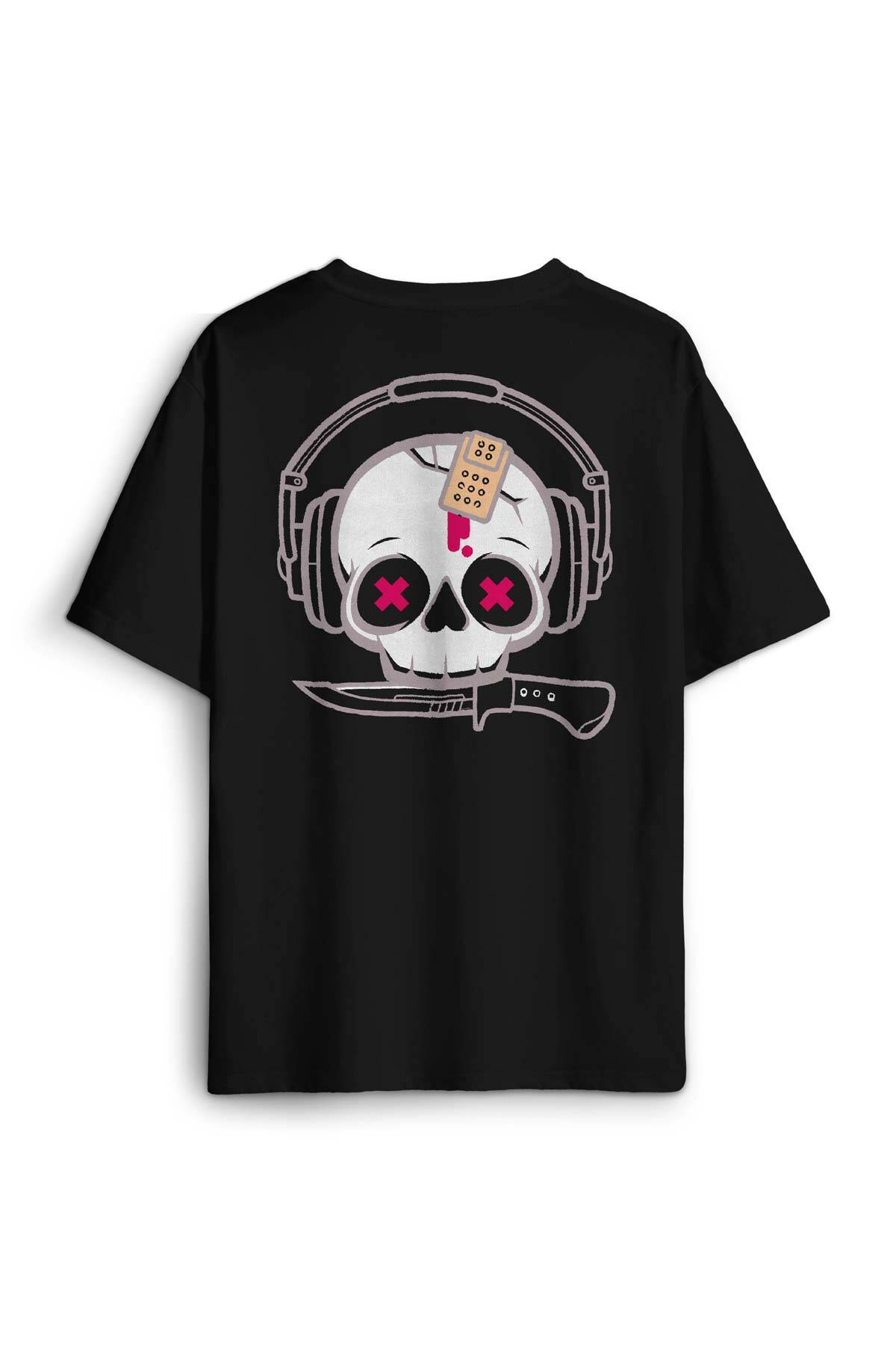 Müzik Dinleyen Kuru Kafa Kulaklık Bıçak Bandı Skull Sırt Ön Baskılı Oversize Tişört Unisex T-Shirt - 1