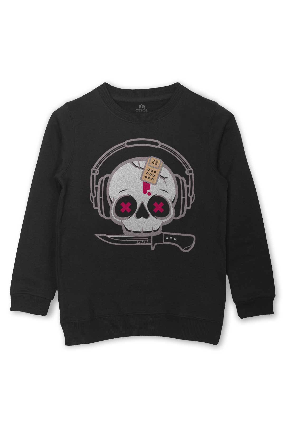 Müzik Dinleyen Kuru Kafa Kulaklık Bıçak Yara Bandı Skull Baskılı Çocuk Sweatshirt Siyah Sweat - 1