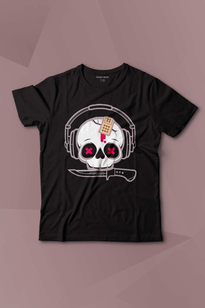 Müzik Dinleyen Kuru Kafa Kulaklık Bıçak Yara Bandı Skull Baskılı Çocuk Tişört Kısa Kollu - KENDİM SEÇTİM