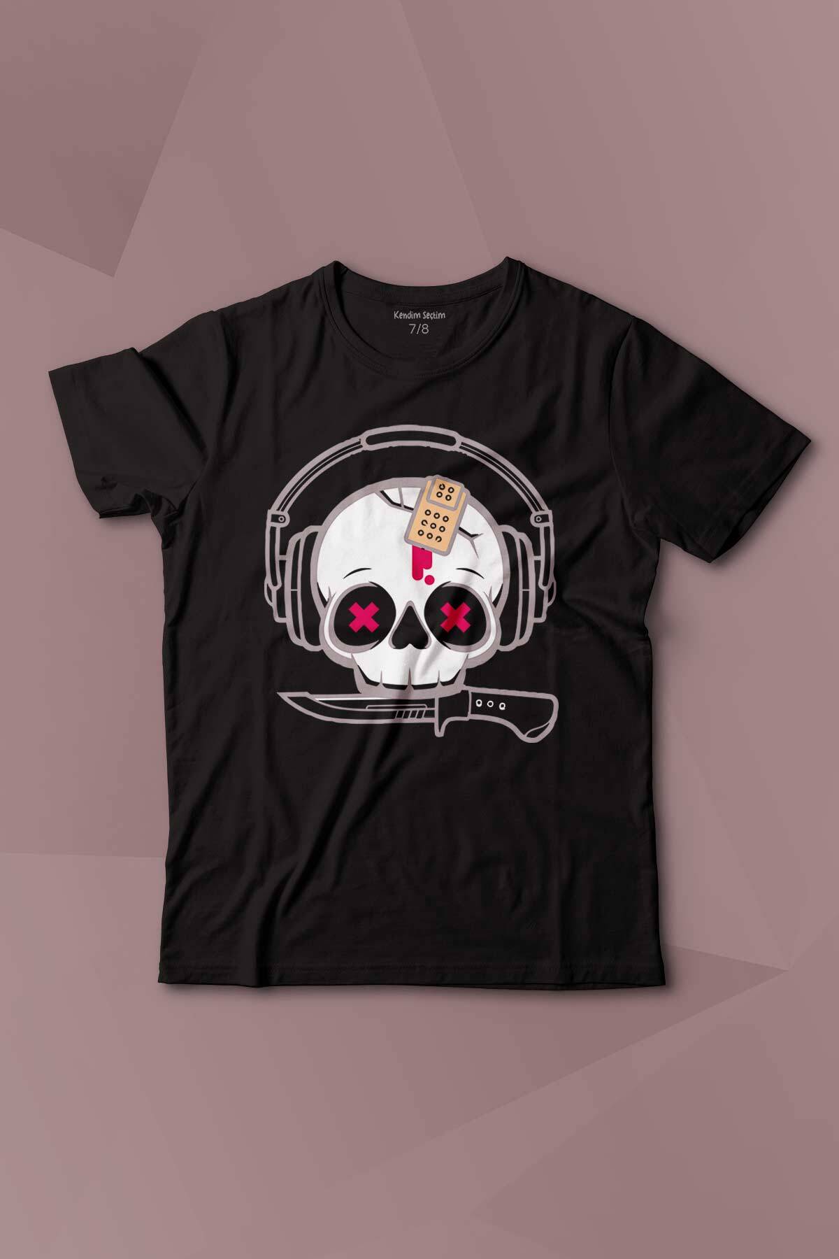 Müzik Dinleyen Kuru Kafa Kulaklık Bıçak Yara Bandı Skull Baskılı Çocuk Tişört Kısa Kollu - 1