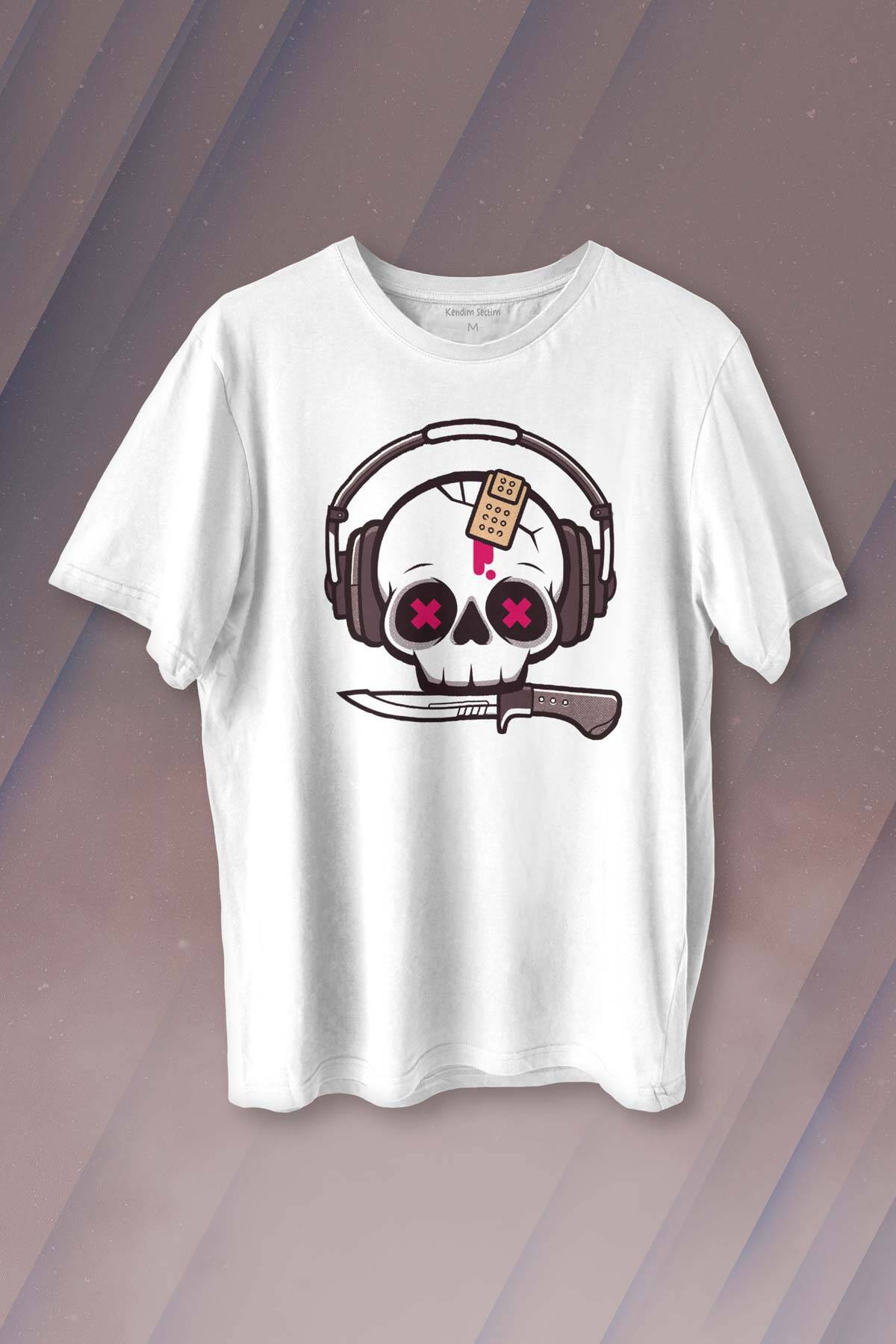 Müzik Dinleyen Kuru Kafa Kulaklık Bıçak Yara Bandı Skull Baskılı Tişört Unisex T-shirt - 1
