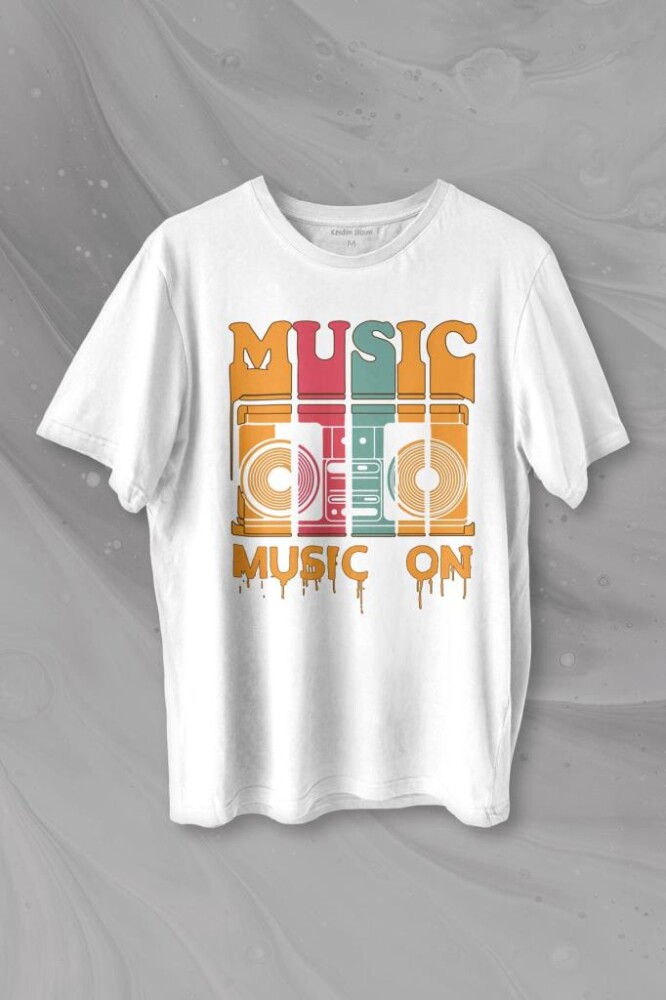 Müzik Music On Kaset Teyp Baskılı Tişört Unisex T-shirt - 1