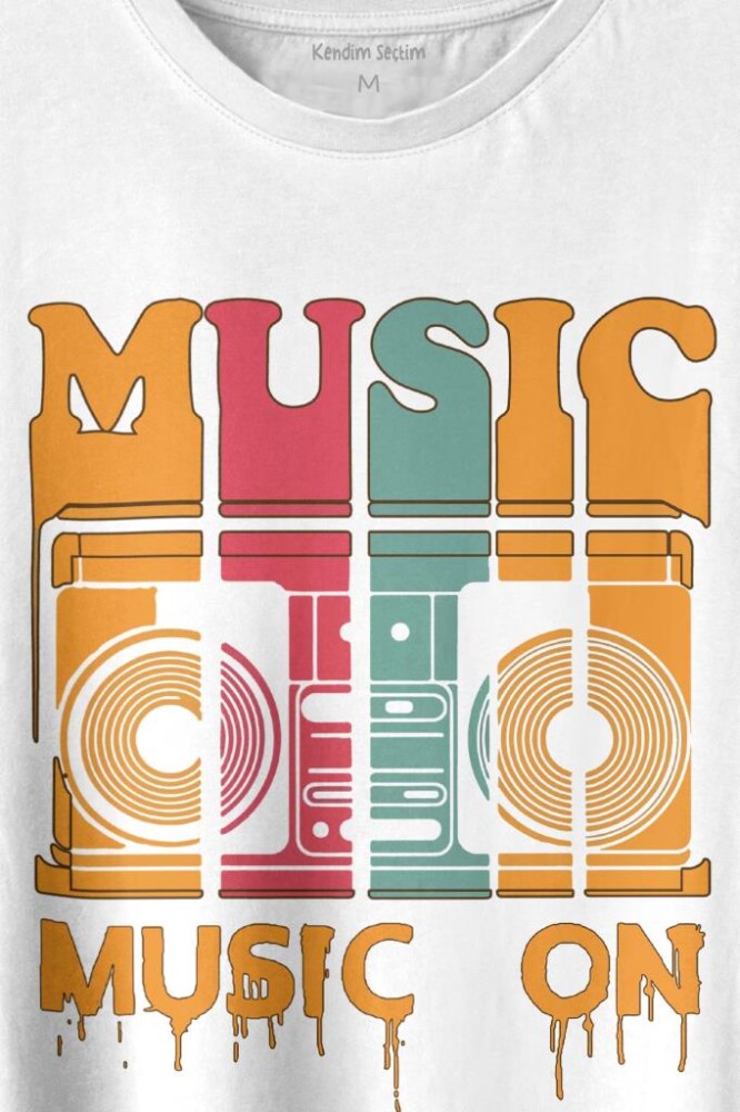 Müzik Music On Kaset Teyp Baskılı Tişört Unisex T-shirt - 2