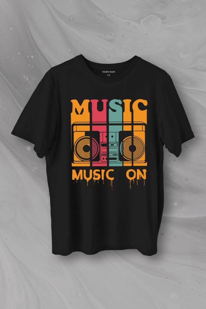 Müzik Music On Kaset Teyp Baskılı Tişört Unisex T-Shirt - 1
