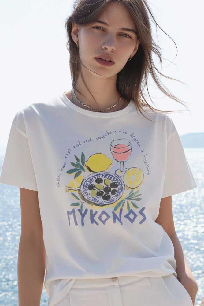 Mykonos Limon Rose Wine Olive Baskılı Summer T-shirt Yaz Mikanos Beyaz Tişört - 1