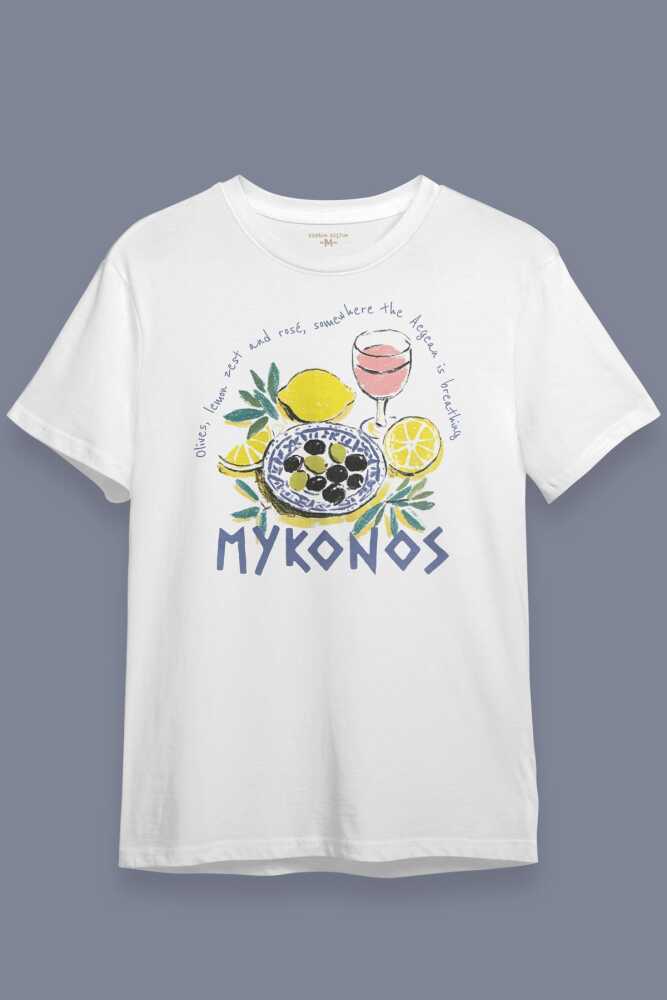 Mykonos Limon Rose Wine Olive Baskılı Summer T-shirt Yaz Mikanos Beyaz Tişört - 2