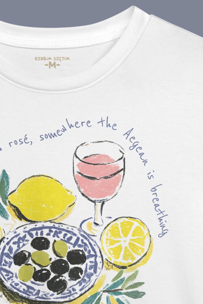 Mykonos Limon Rose Wine Olive Baskılı Summer T-shirt Yaz Mikanos Beyaz Tişört - 3
