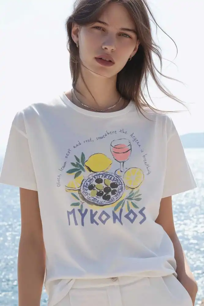 Mykonos Limon Rose Wine Olive Baskılı Summer T-shirt Yaz Mikanos Beyaz Tişört