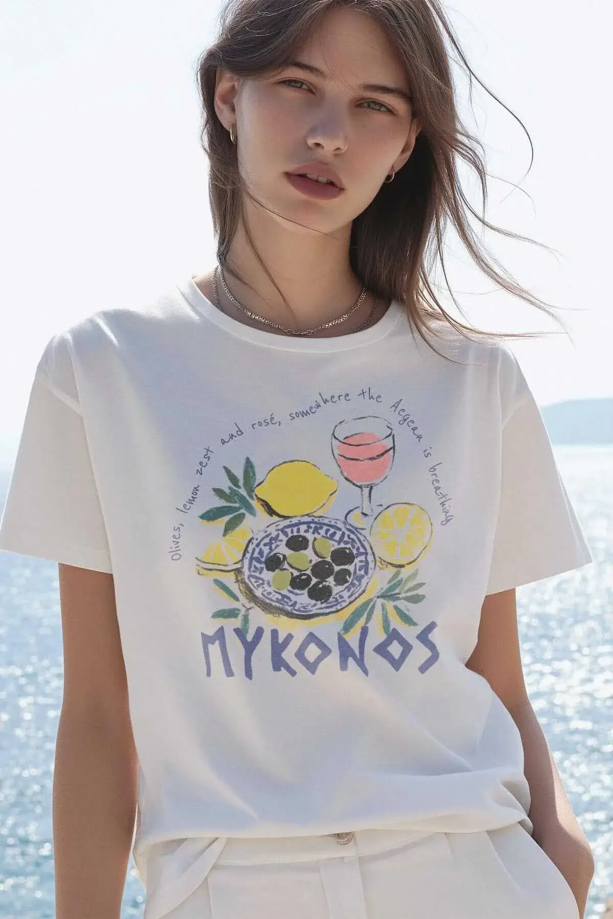 Mykonos Limon Rose Wine Olive Baskılı Summer T-shirt Yaz Mikanos Beyaz Tişört