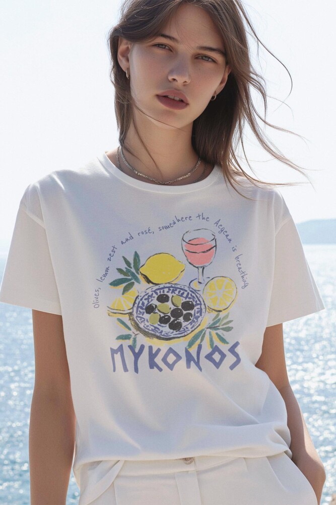 Mykonos Limon Rose Wine Olive Baskılı Summer T-shirt Yaz Mikanos Beyaz Tişört - 1