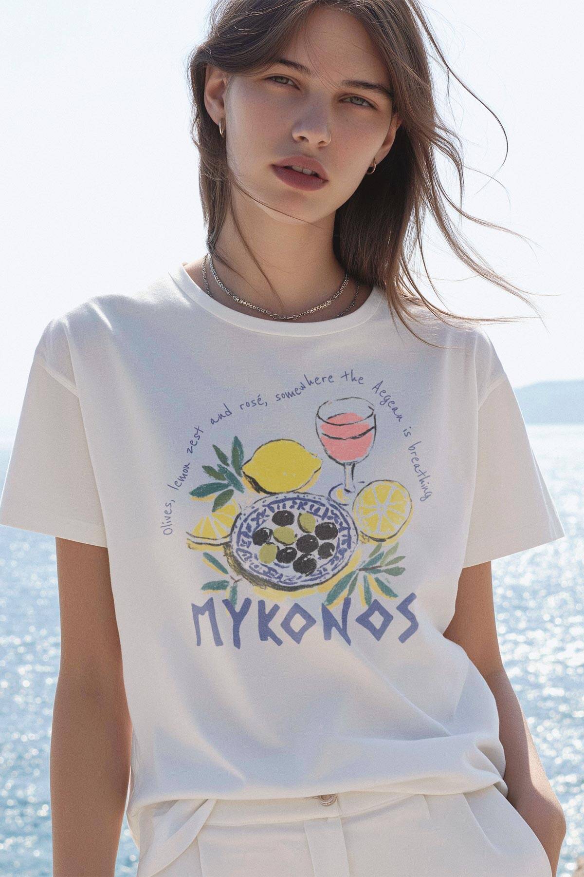 Mykonos Limon Rose Wine Olive Baskılı Summer T-shirt Yaz Mikanos Beyaz Tişört - 1