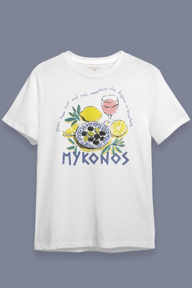 Mykonos Limon Rose Wine Olive Baskılı Summer T-shirt Yaz Mikanos Beyaz Tişört - 2