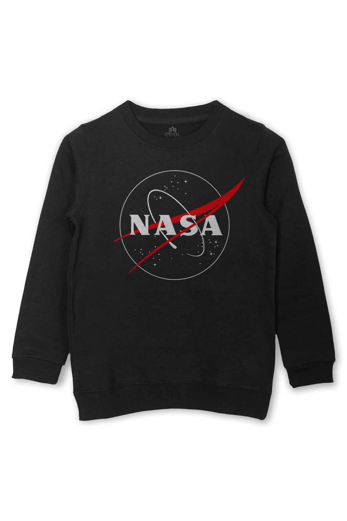 Nasa Logosu Siyah Kırmızı Uzay Cosmos Baskılı Çocuk Sweatshirt Siyah Sweat - 1