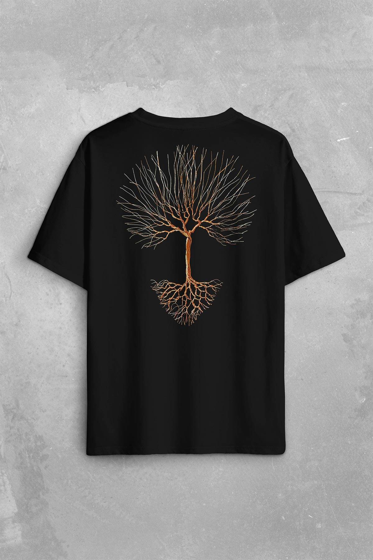 Nature Hayat Ağacı Kuru Ağaç Kökü Sırt Ön Baskılı Oversize Tişört Unisex T-Shirt - 1