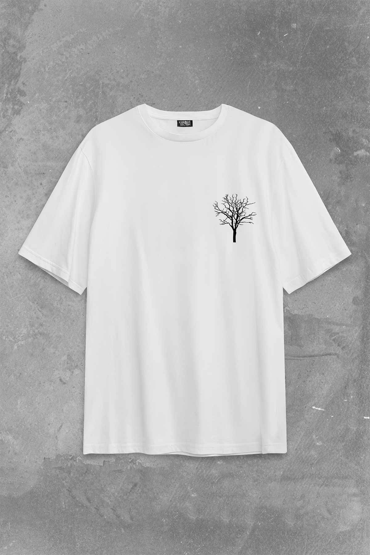 Nature Hayat Ağacı Kuru Ağaç Kökü Sırt Ön Baskılı Oversize Tişört Unisex T-Shirt (1)