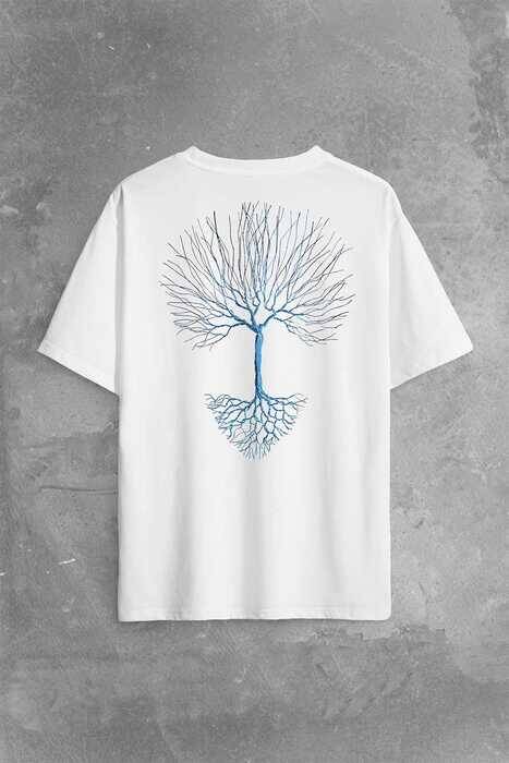 Nature Hayat Ağacı Kuru Ağaç Kökü Sırt Ön Baskılı Oversize Tişört Unisex T-Shirt - 1