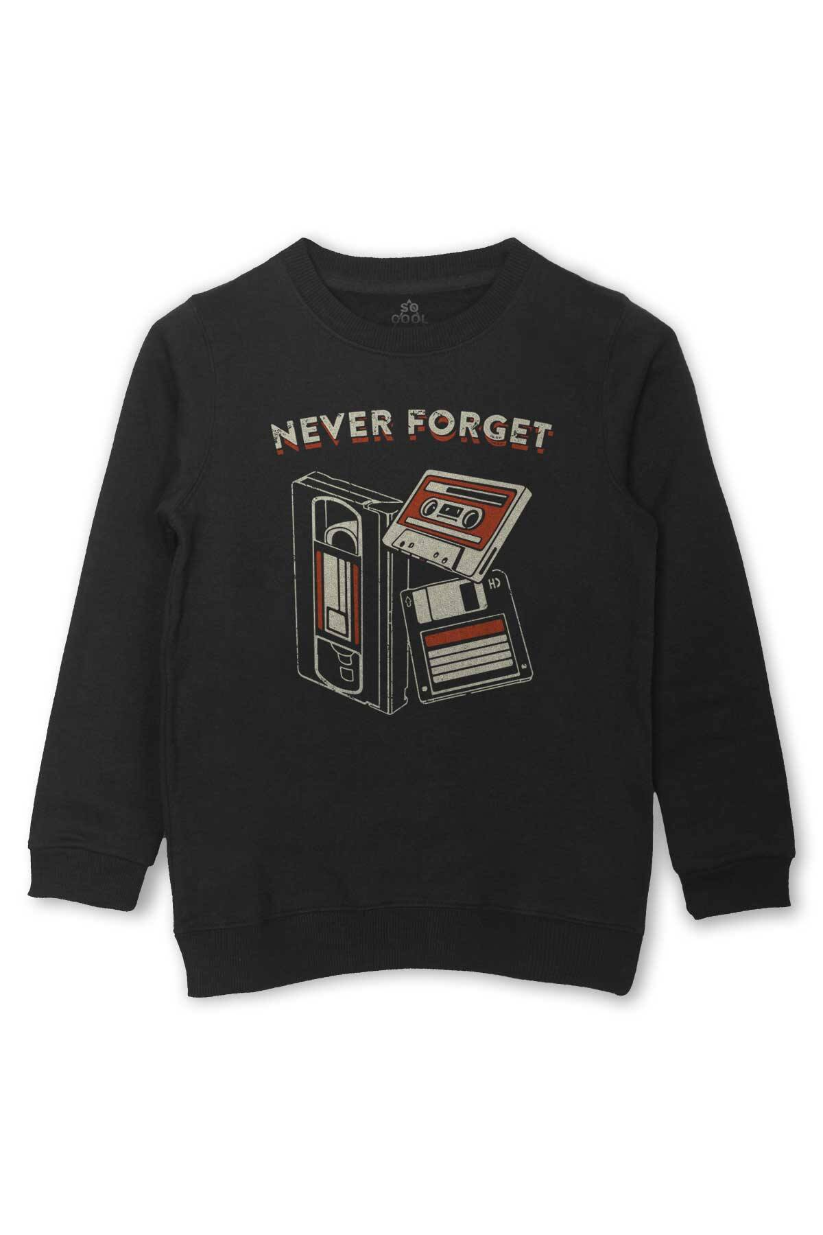 Never Forget Kaset Disket VHS 90s 80s Doksanlar Seksenler Baskılı Çocuk Sweatshirt Siyah Sweat - 1