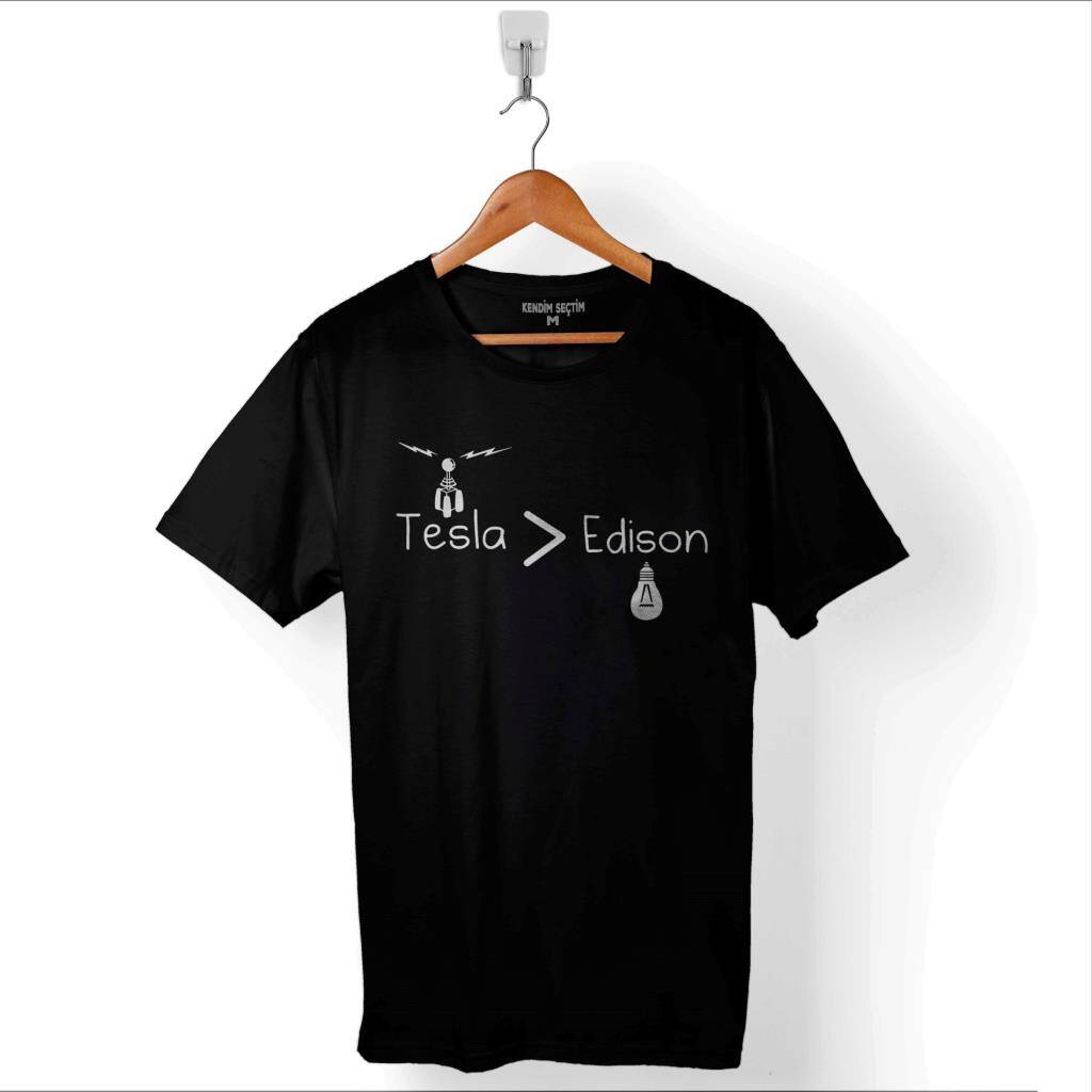 Nikola Tesla Büyüktür Edison Doğru Ac Dc Akım Baskılı Tişört Unisex T-Shirt - 1