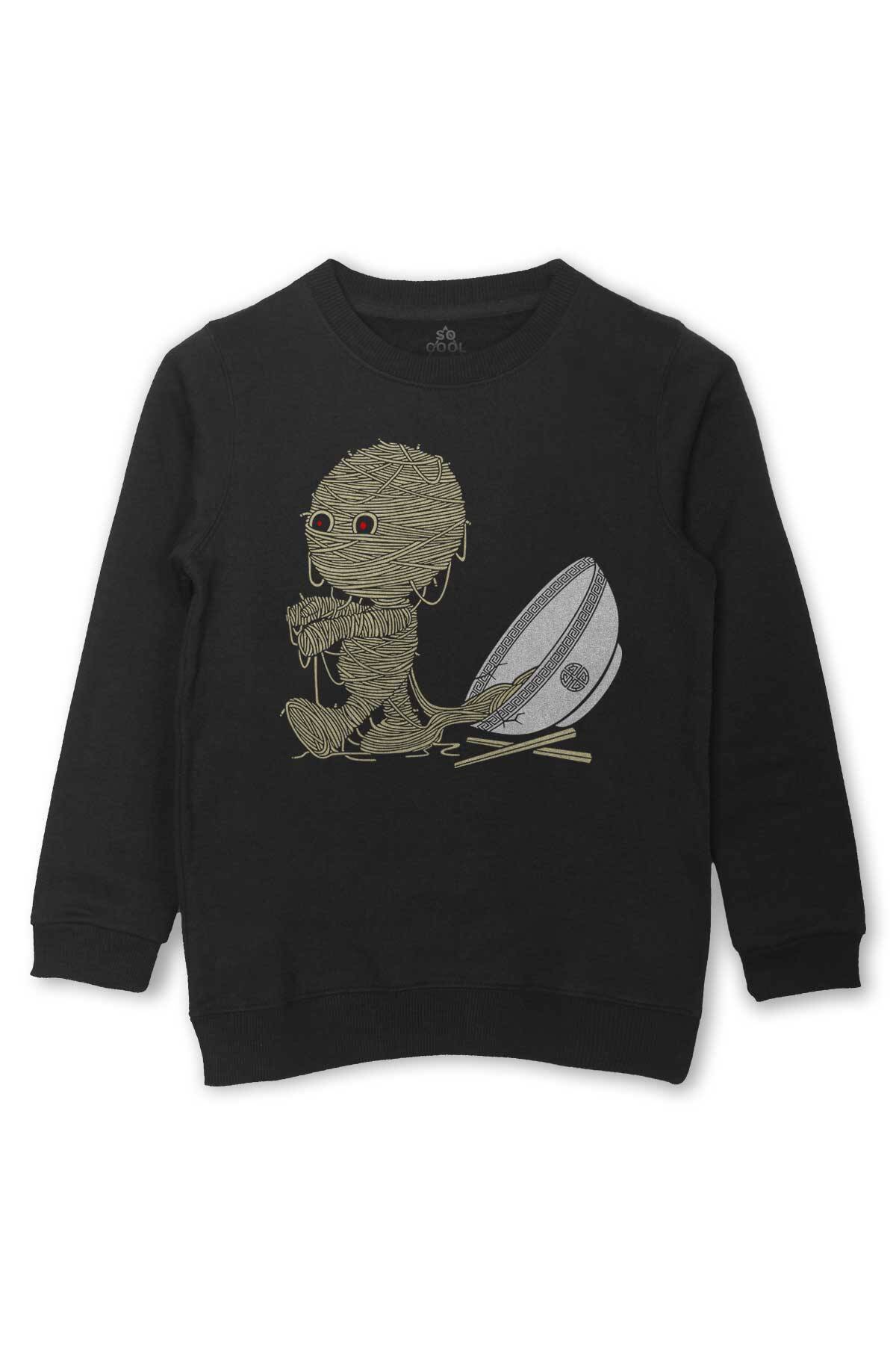 Noodle Mummy Mumya Totem Makarna Komik Baskılı Çocuk Sweatshirt Siyah Sweat - 1