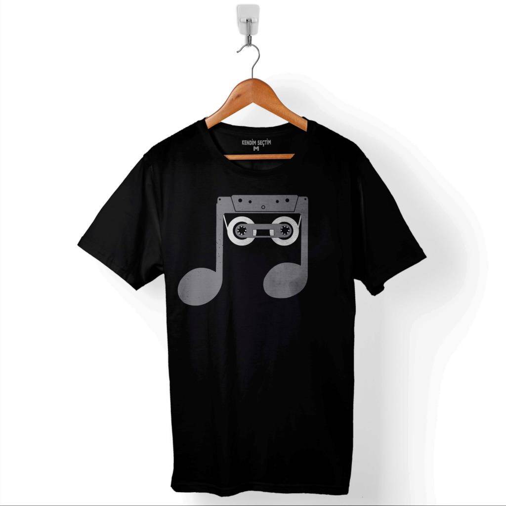 Nostalji Kaset Kalem Müzik Nota Sol Anahtarı Baskılı Tişört Unisex T-Shirt - 1