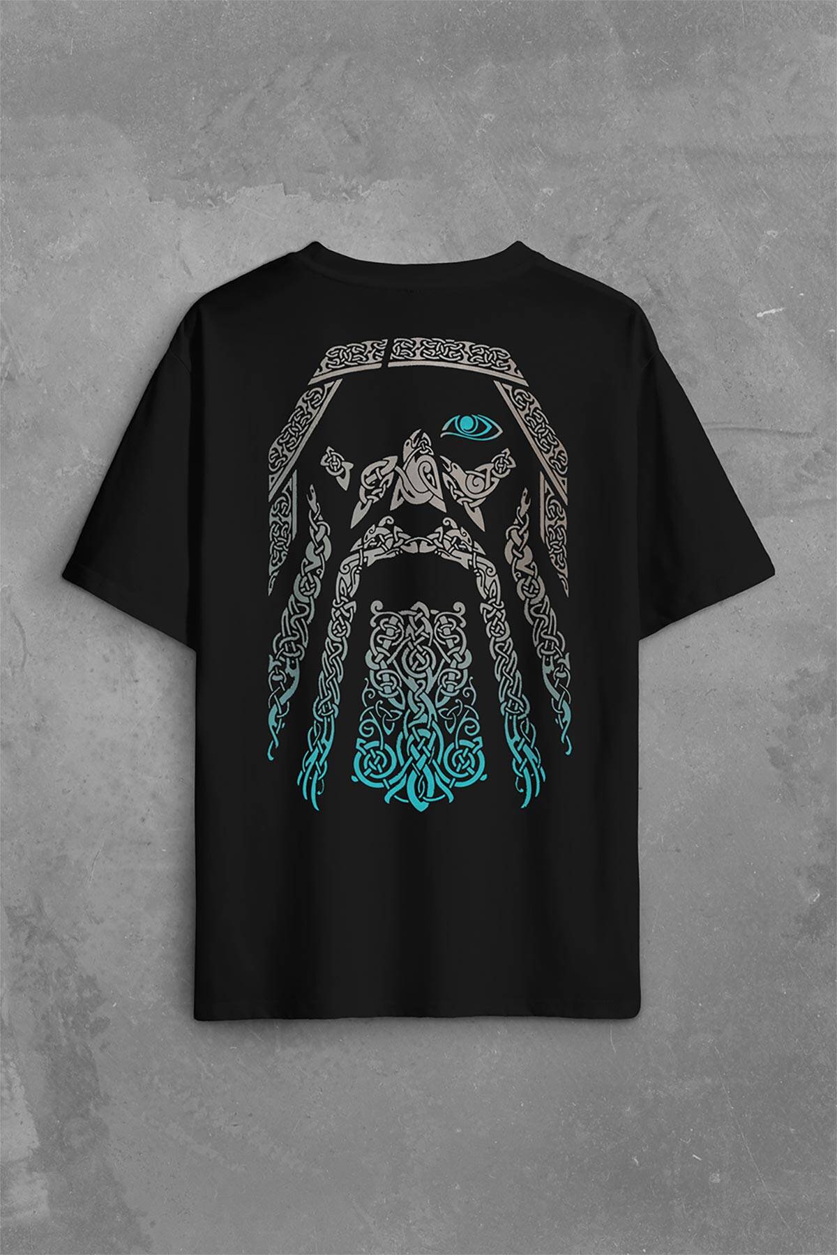 Odin Vikings Logo Vikingler Sırt Ön Baskılı Oversize Tişört Unisex T-Shirt - 1