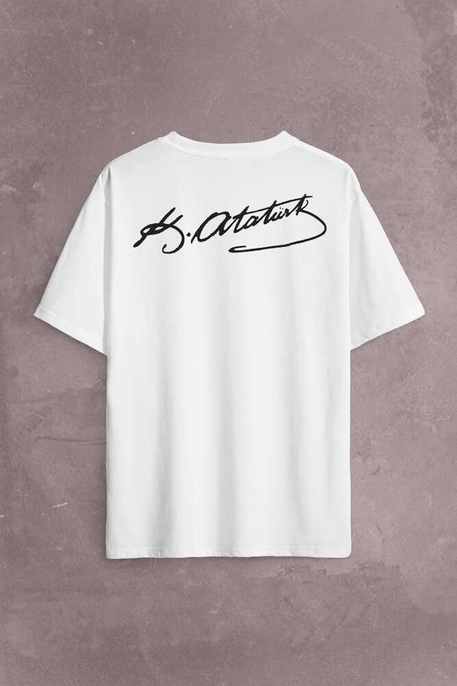 Oversize Beyaz Tişört Mustafa Kemal Atatürk İmzası İmza 10 Kasım Sırt Ön Baskılı Unisex T-Shirt - 2
