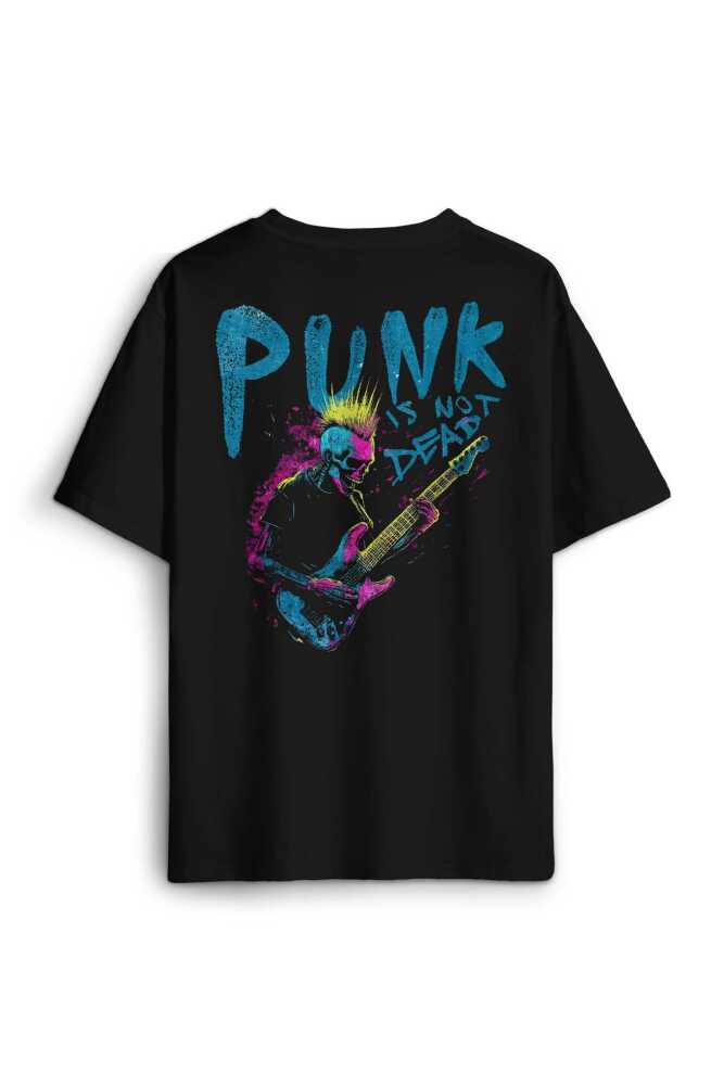 Oversize T-shirt Punk Is Not Dead Guitar Mohawk Rock Music Gitar Skull Baskılı Siyah Unisex Tişört (1)