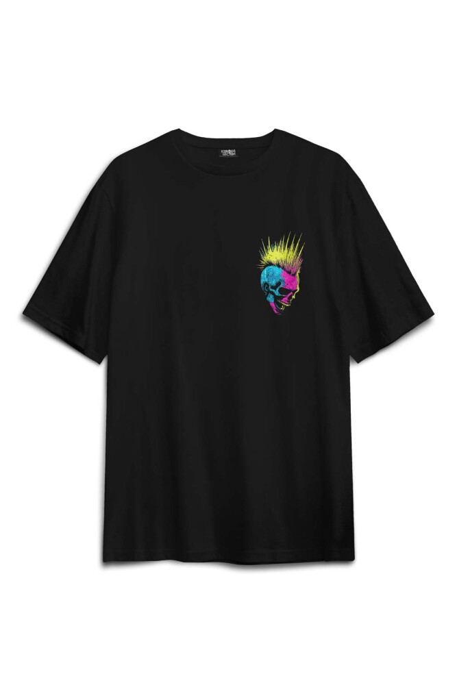 Oversize T-shirt Punk Is Not Dead Guitar Mohawk Rock Music Gitar Skull Baskılı Siyah Unisex Tişört - 1