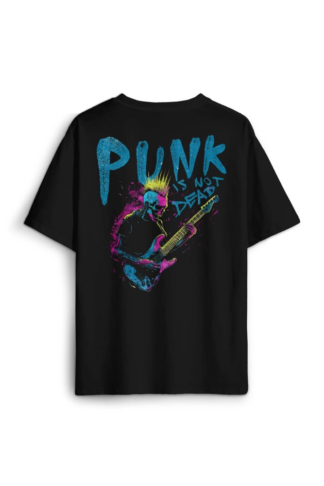Oversize T-shirt Punk Is Not Dead Guitar Mohawk Rock Music Gitar Skull Baskılı Siyah Unisex Tişört - 2