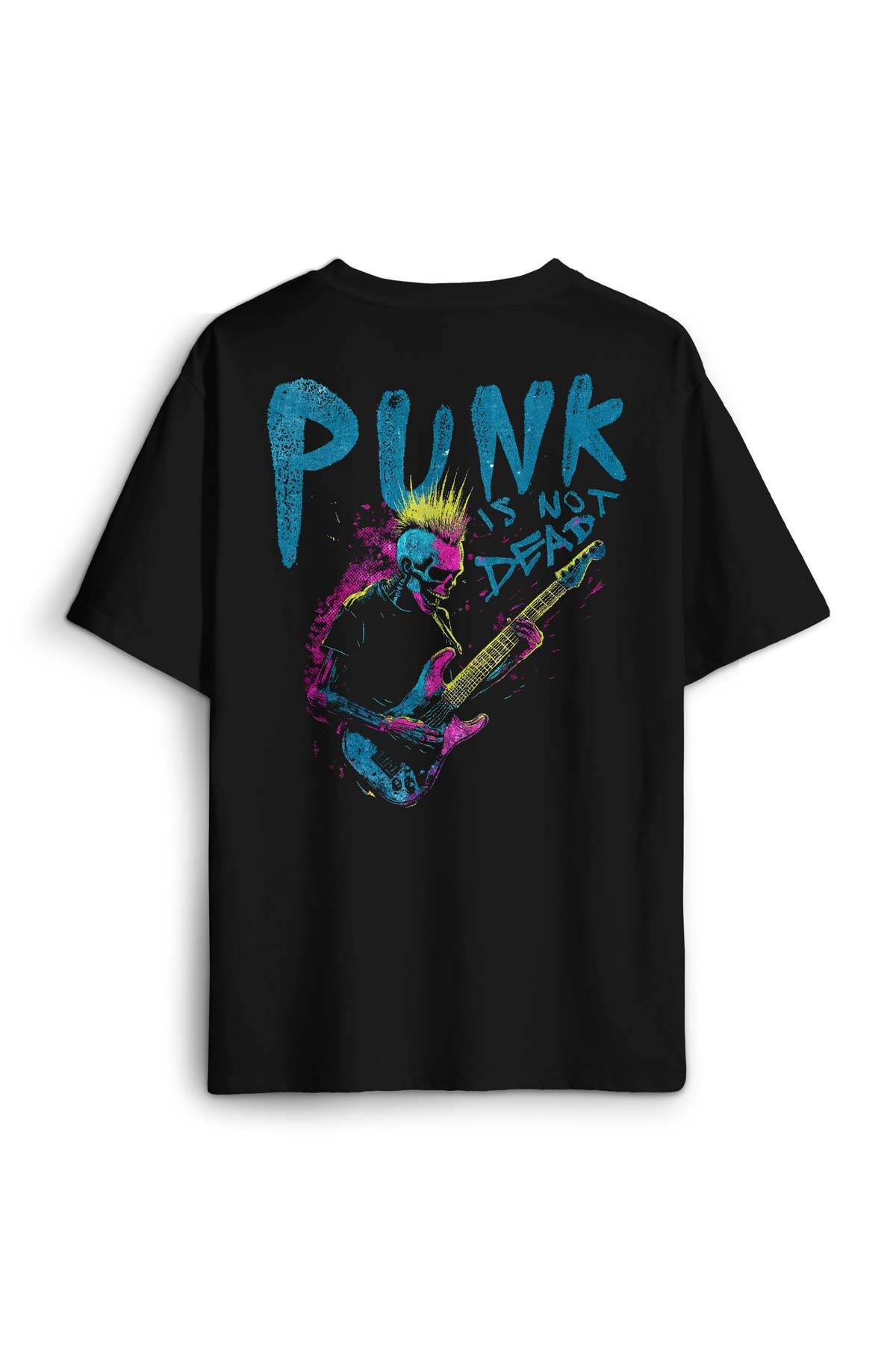 Oversize T-shirt Punk Is Not Dead Guitar Mohawk Rock Music Gitar Skull Baskılı Siyah Unisex Tişört - 2