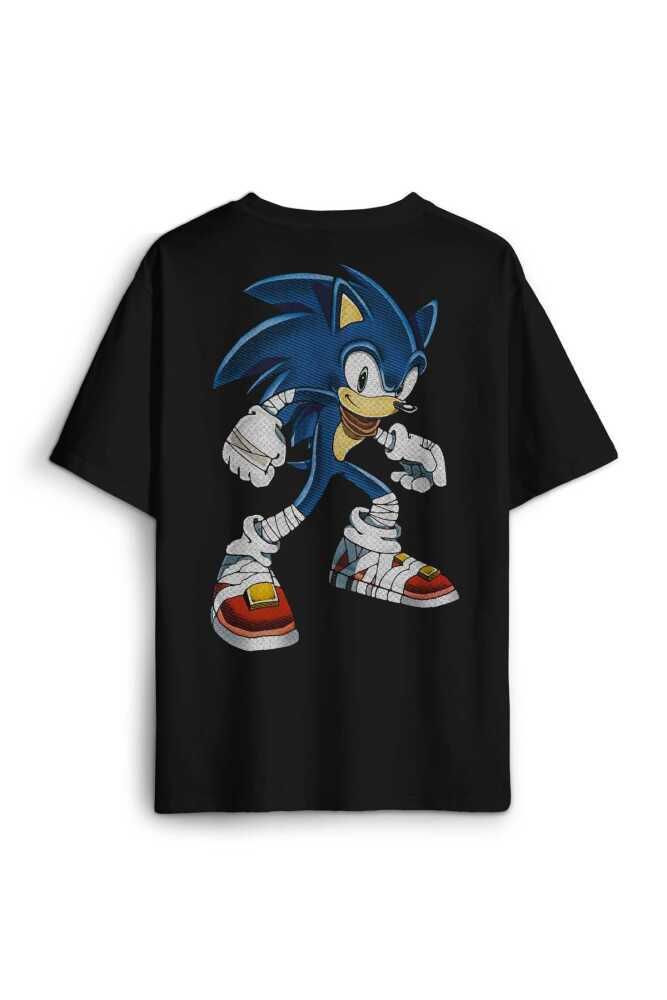 Oversize T-shirt Sonic The Hedgehog Boom Cartoon Sonic Baskılı Siyah Unisex Tişört - 1