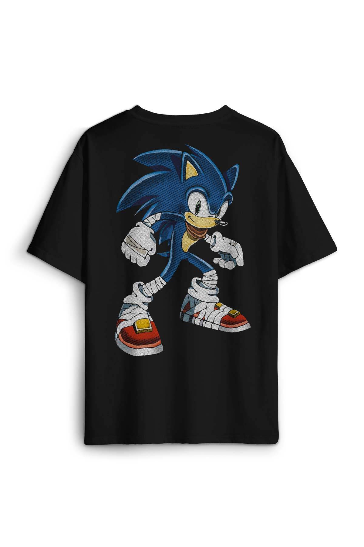 Oversize T-shirt Sonic The Hedgehog Boom Cartoon Sonic Baskılı Siyah Unisex Tişört - 1