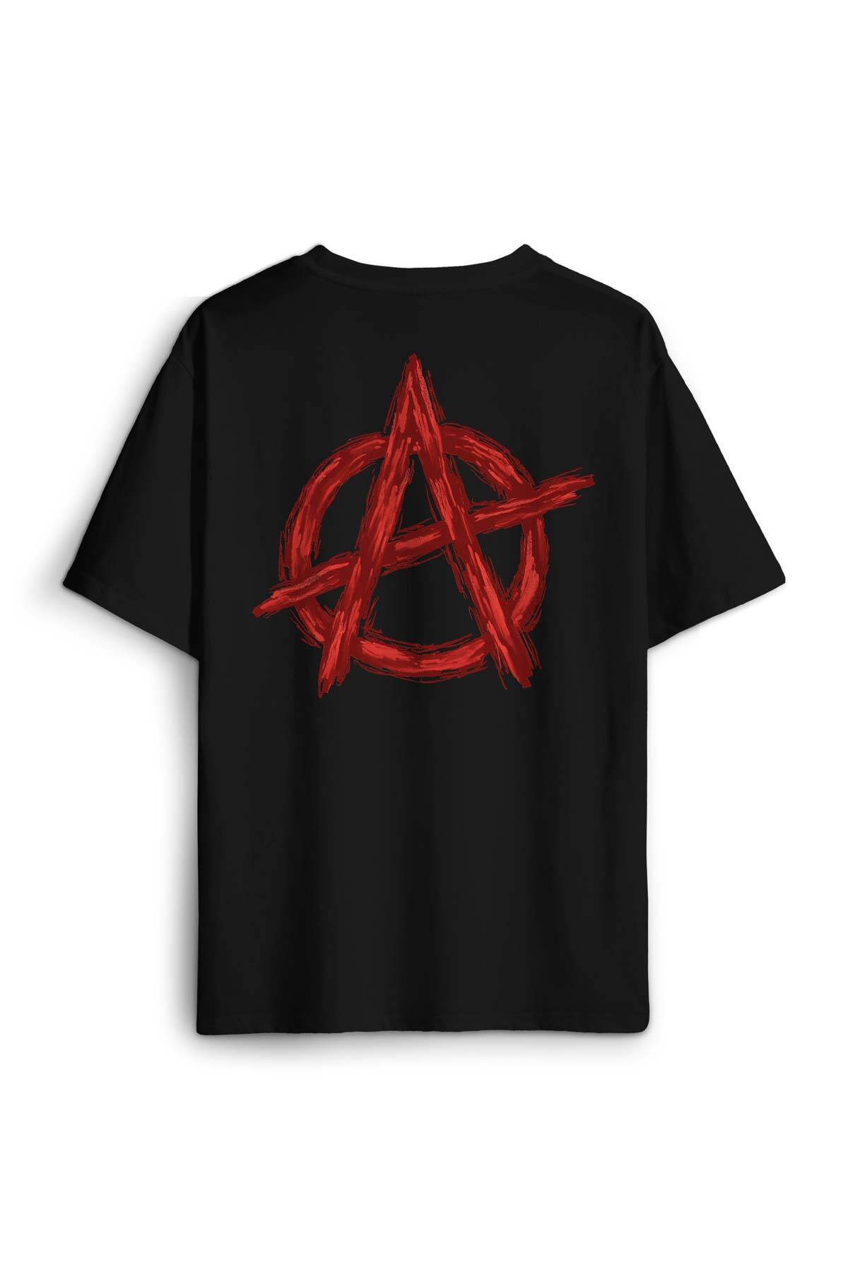 Oversize T-shirt Vintage Logo Anarchy Symbol Anarşi Minimal Baskılı Siyah Unisex Tişört - 1